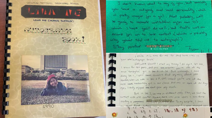 A collage showing: left, a cover of an autograph book from 1990 with a photo of a girl lying on grass; right, handwritten notes and illustrations on the inside pages of the book.