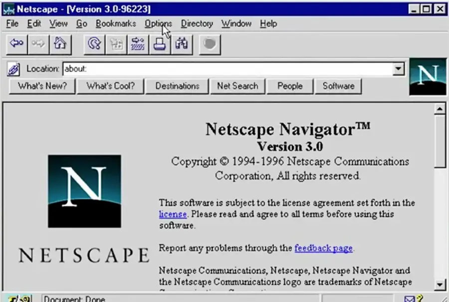 Screenshot of the Netscape Navigator 3.0 web browser displaying its home page, featuring a large Netscape logo, navigation buttons, and informational text about the browser and software license.