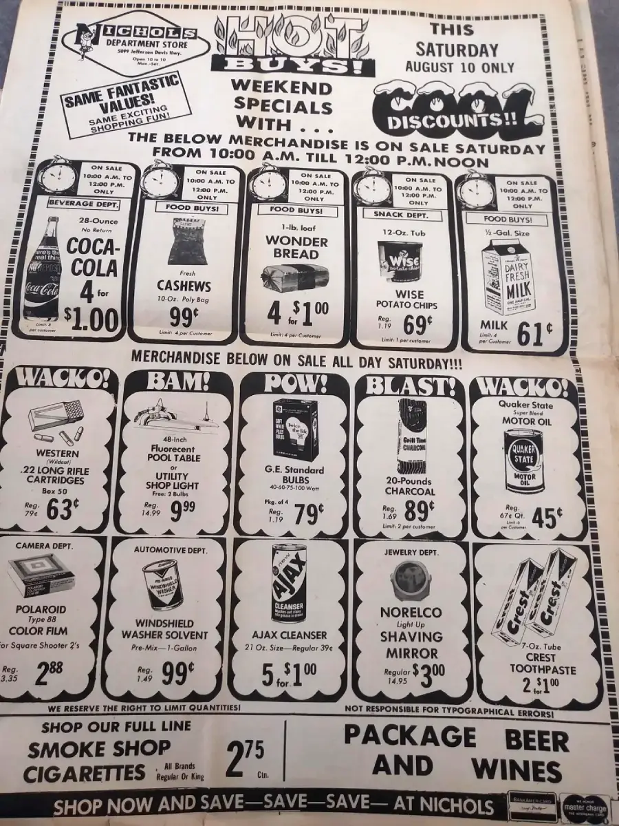 Black-and-white newspaper ad for Nichols Department Store weekend specials, featuring discounted grocery items like Coca-Cola, cashews, Wise potato chips, milk, and various household products, effective Saturday only.