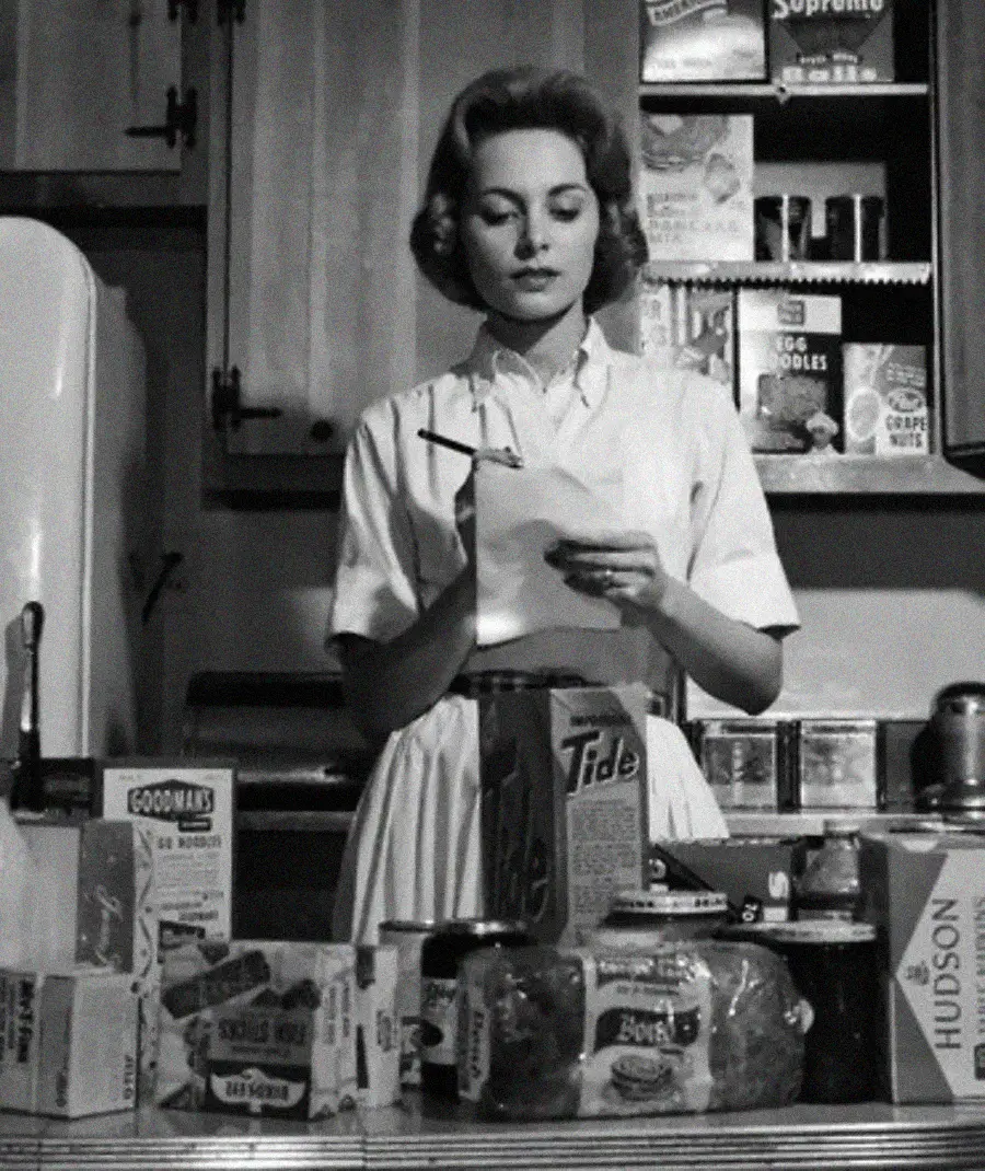 A woman in a 1950s kitchen stands at a counter with various groceries, writing on a notepad. Shelves with food boxes are visible behind her, and she appears focused on her list.