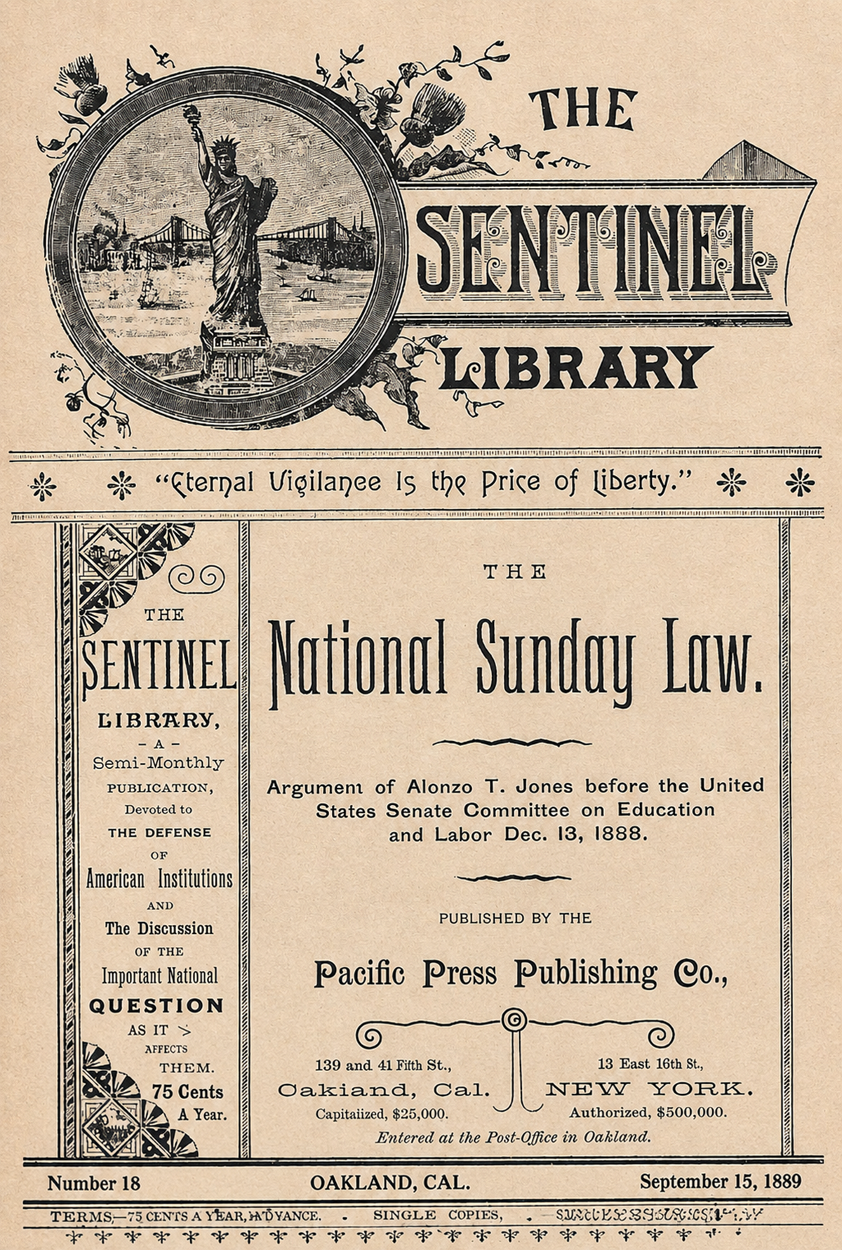 Vintage cover page titled "The Sentinel Library" features the Statue of Liberty illustration, ornate borders, and text about a publication discussing the National Sunday Law, dated September 15, 1889, from Oakland, California.