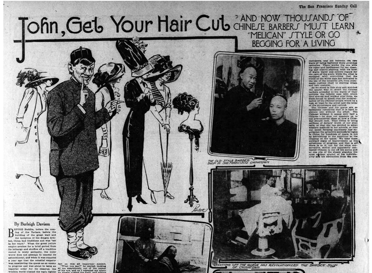 Newspaper page with a large headline: “John, Get Your Hair Cut.” Features illustrations of men and women, plus black-and-white photos of Chinese barbers and customers in a barber shop, with English text throughout.