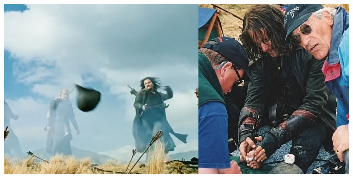 A split image: on the left, a medieval warrior shouts as a black helmet flies toward the camera; on the right, people tend to an actor in costume, who appears to be injured, behind the scenes on a movie set.