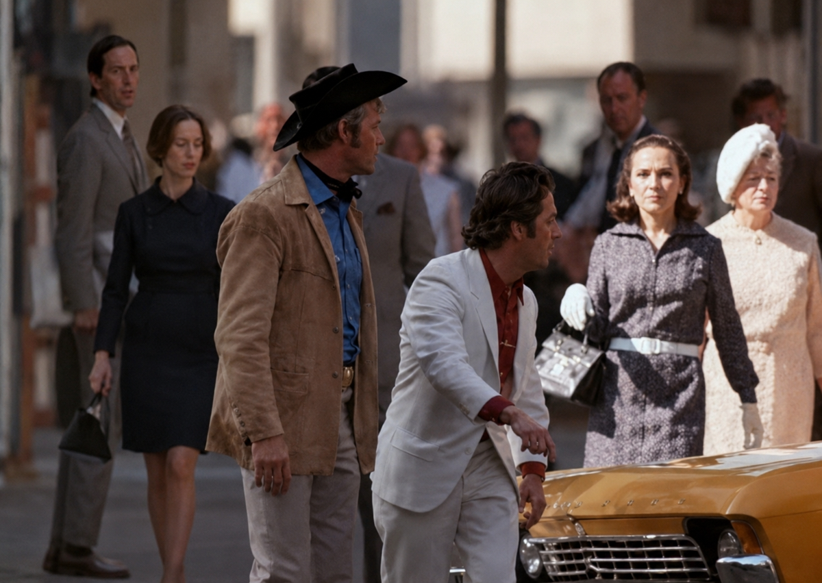 Two men, one in a cowboy hat and tan jacket, the other in a white suit, stand beside a yellow taxi on a busy city street, surrounded by people walking in different directions.