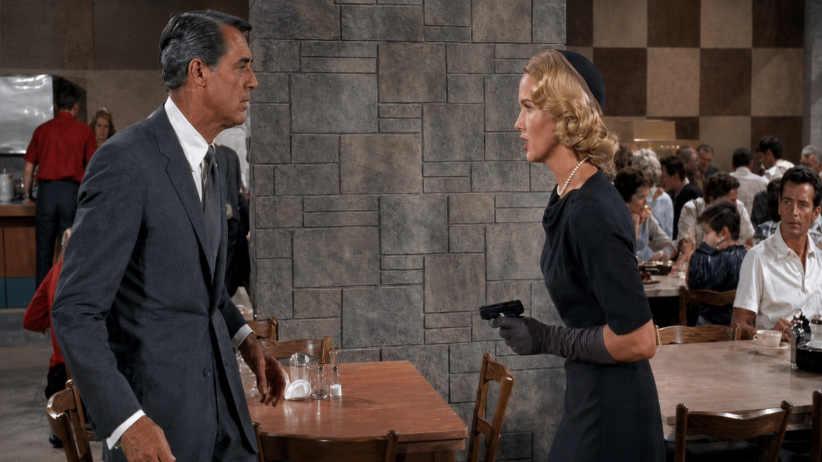 A woman in a black dress points a gun at a man in a gray suit inside a busy café, with people seated at tables in the background.