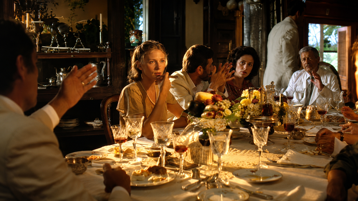 A group of people sit around a formal dining table set with glassware, plates, and a flower centerpiece, engaged in conversation in a warmly lit room.