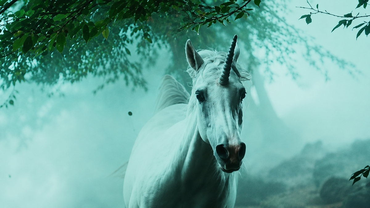 A majestic white unicorn with a spiraled horn stands in a misty, enchanted forest, surrounded by green leaves and soft, ethereal light.