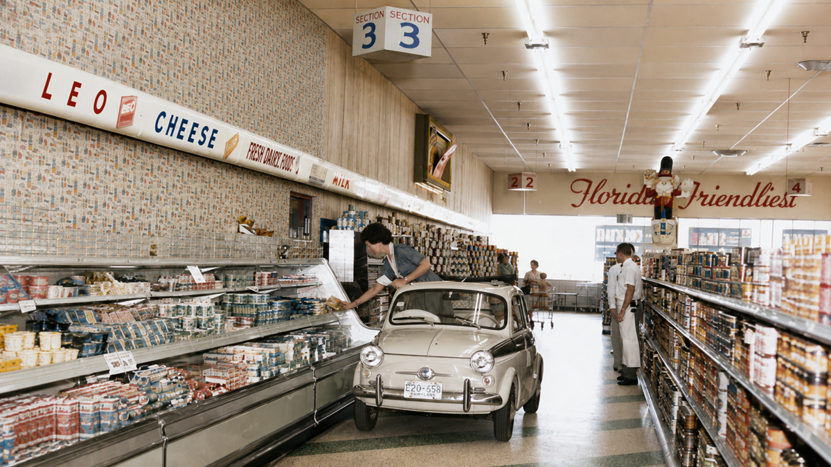 A small car is parked inside a supermarket aisle as a man reaches out of the car window to grab cheese from the refrigerated section. Other shoppers and a store employee are visible in the background.