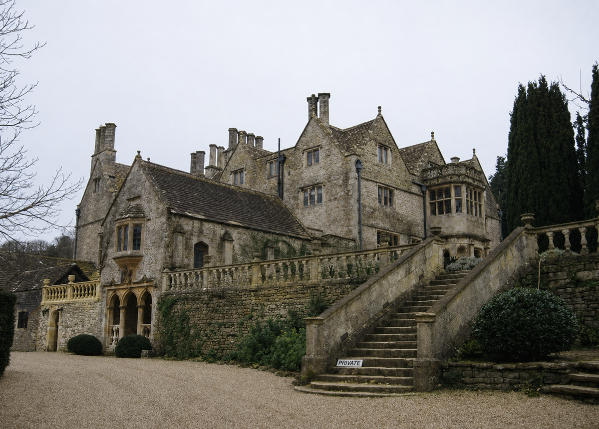 Large stone manor house with multiple chimneys, gabled roofs, and bay windows. Stone steps lead up to the entrance, with a "Private" sign at the bottom. Surrounded by a gravel driveway and tall greenery. 9. Radiohead, OK Computer
