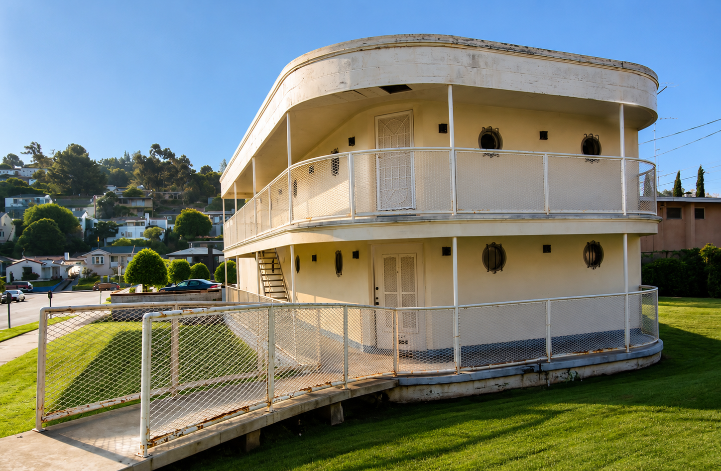 A two-story building with rounded edges and nautical-style railings, resembling a ship, stands on a neatly mowed lawn in a suburban neighborhood under a clear blue sky. 11. Beck, Odelay