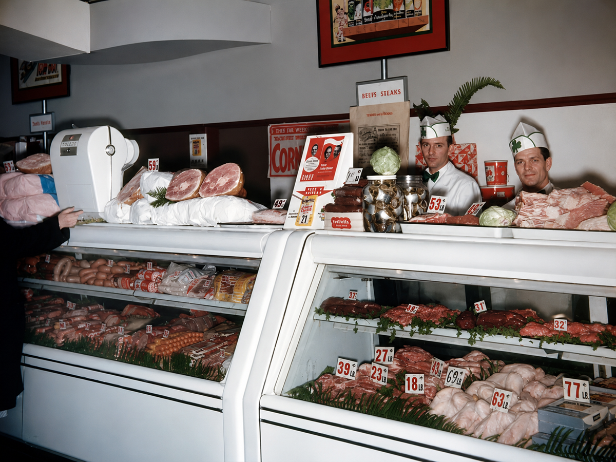 Three butchers in white uniforms stand behind a meat counter displaying various cuts of meat, sausages, and prices. A customer’s hand is visible near a large white scale. The store has vintage decor.