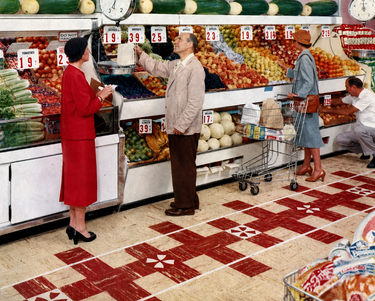 Three adults shop for produce in a vintage grocery store; one man weighs fruit, a woman in red writes on a notepad, and another woman with a cart looks nearby. Colorful fruits and vegetables are displayed behind them.
