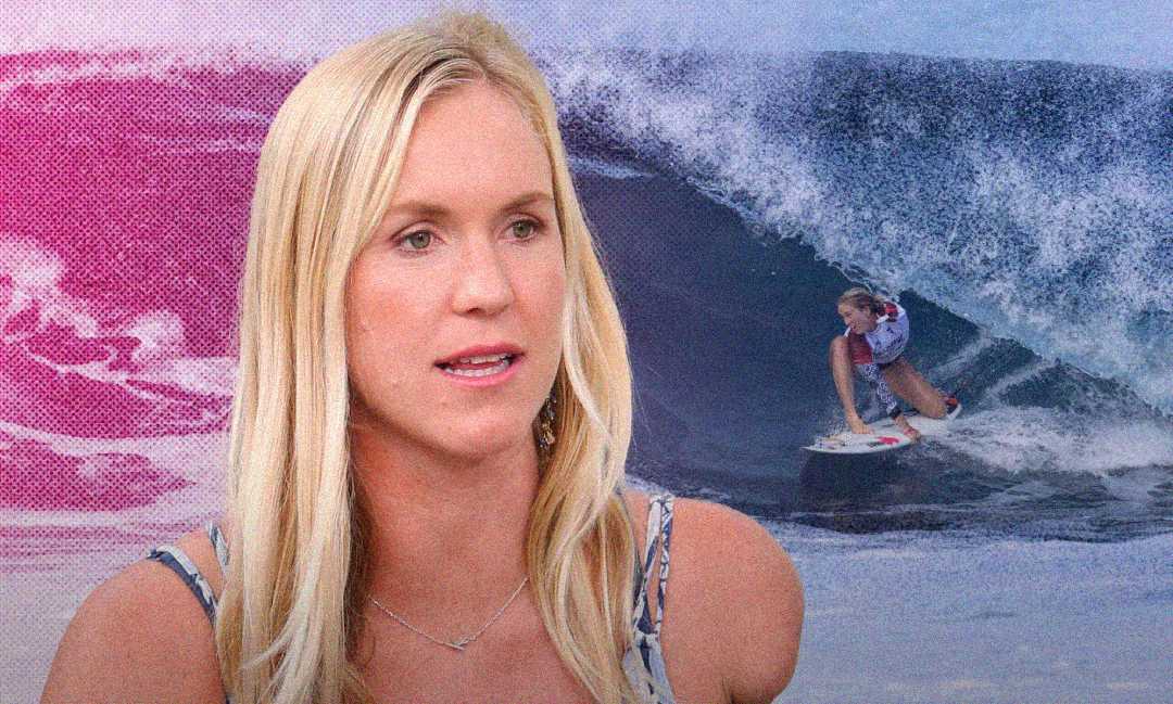 A blonde woman with long hair speaks in the foreground, while in the background she is seen surfing on a large wave. The image has a pink and blue gradient overlay.