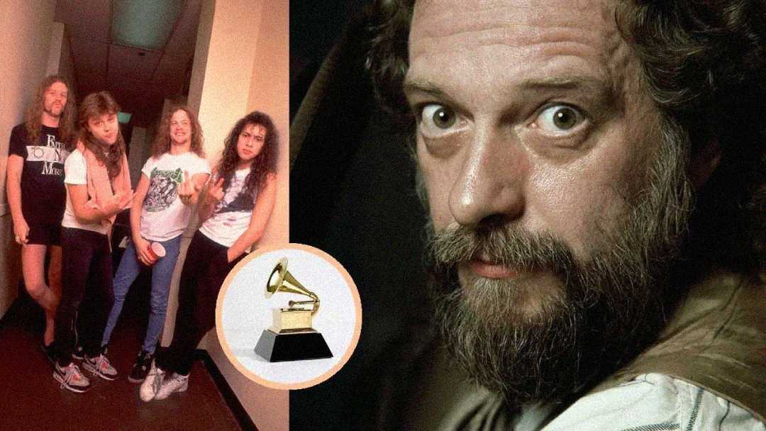 Four men in casual rock band attire pose together in a hallway; beside them is a close-up of a bearded man looking at the camera, with a Grammy award illustration below him.