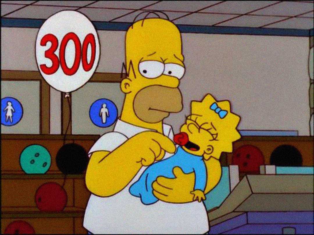 A cartoon man in a white shirt holds a baby with a blue bow and gives her a pacifier. Behind them is a "300" balloon and colorful bowling balls on shelves. The setting appears to be a bowling alley.