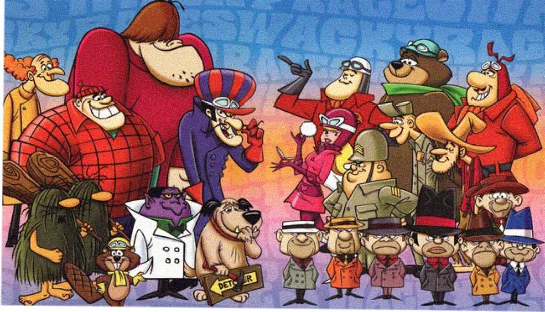 A colorful cartoon illustration features various Hanna-Barbera characters from Wacky Races and Dastardly and Muttley in Their Flying Machines, all posing together against a blue and orange gradient background.