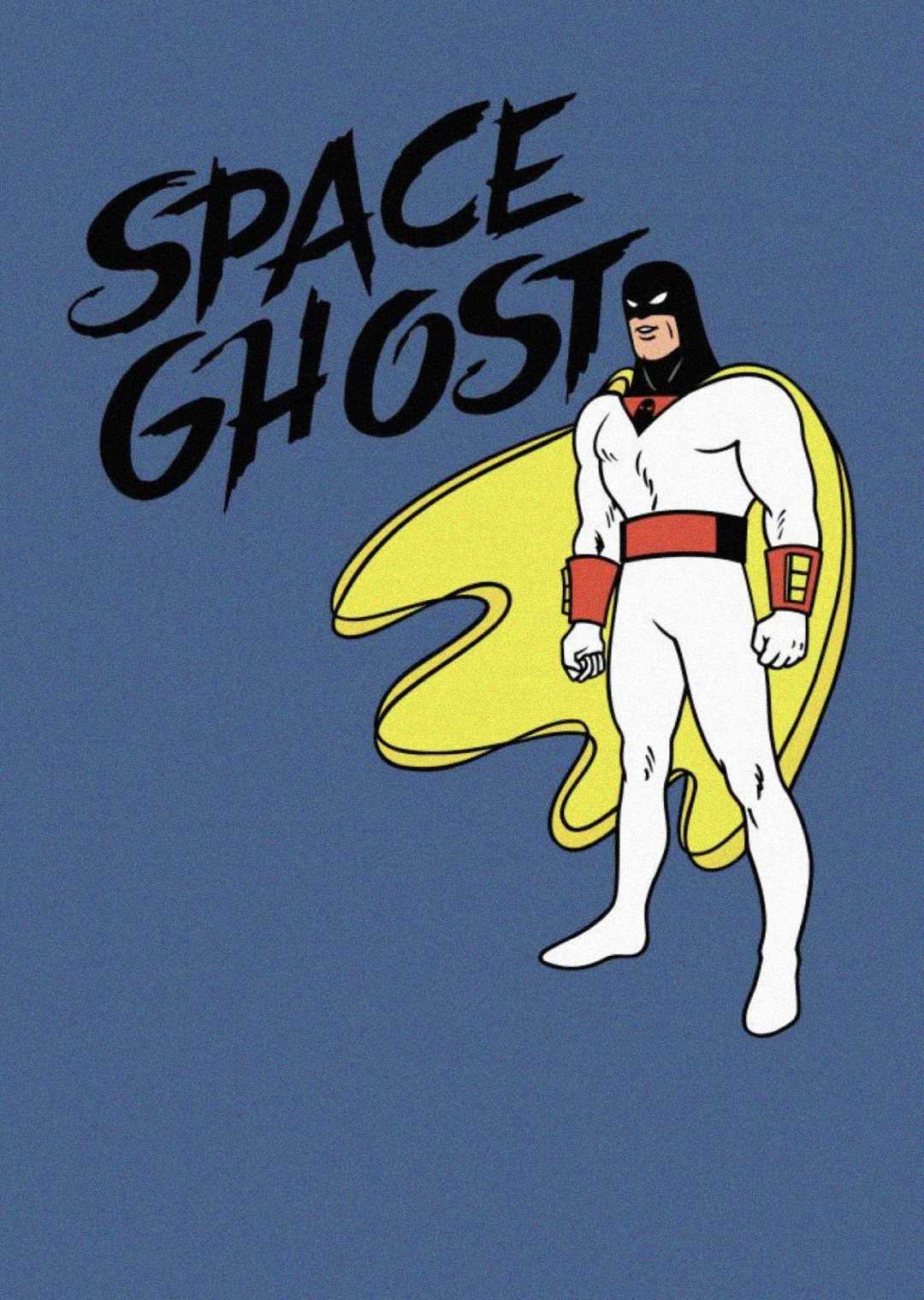 A cartoon superhero in a white suit, red cuffs, and a yellow cape stands next to bold black text that reads "SPACE GHOST" on a blue background.