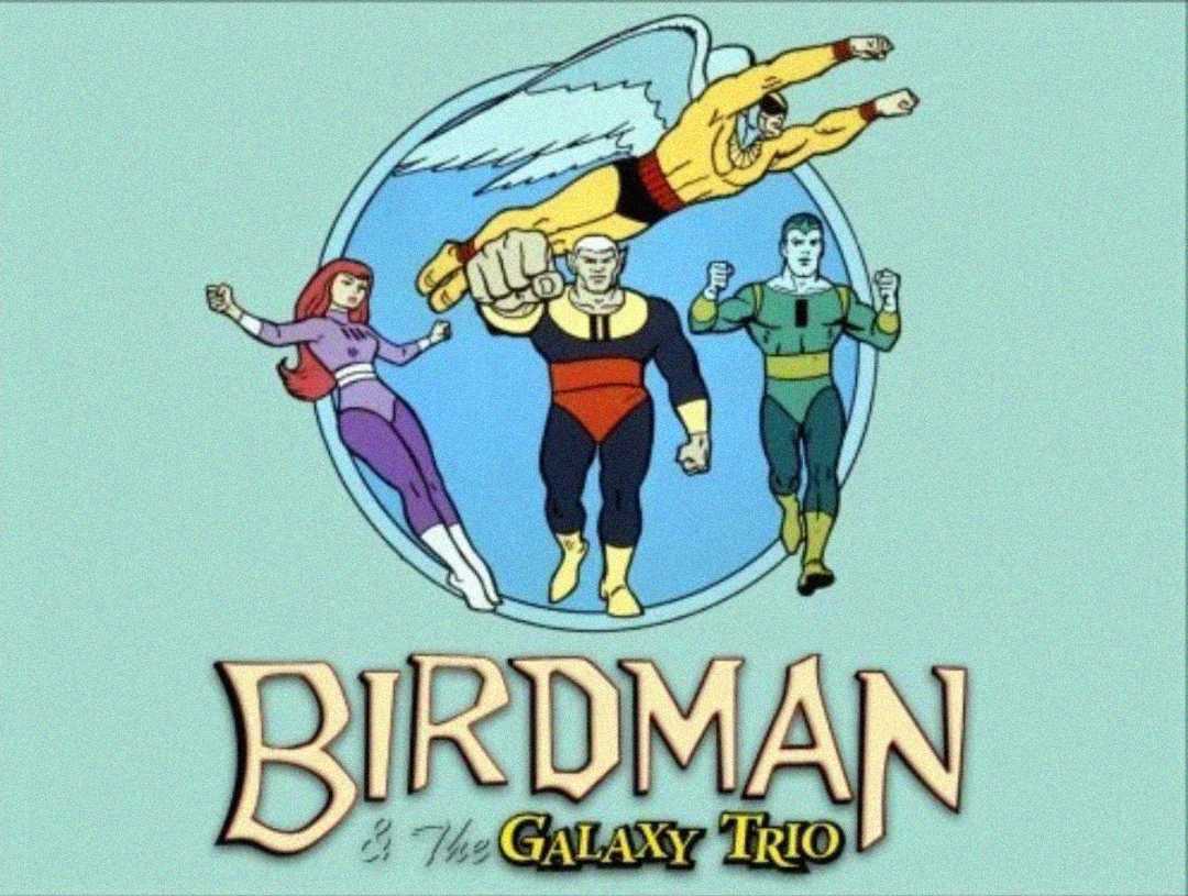 Three cartoon superheroes—one with wings flying above, a red-haired woman in purple, and two men in futuristic outfits—stand in front of a circle. Text below reads: “Birdman & The Galaxy Trio.”