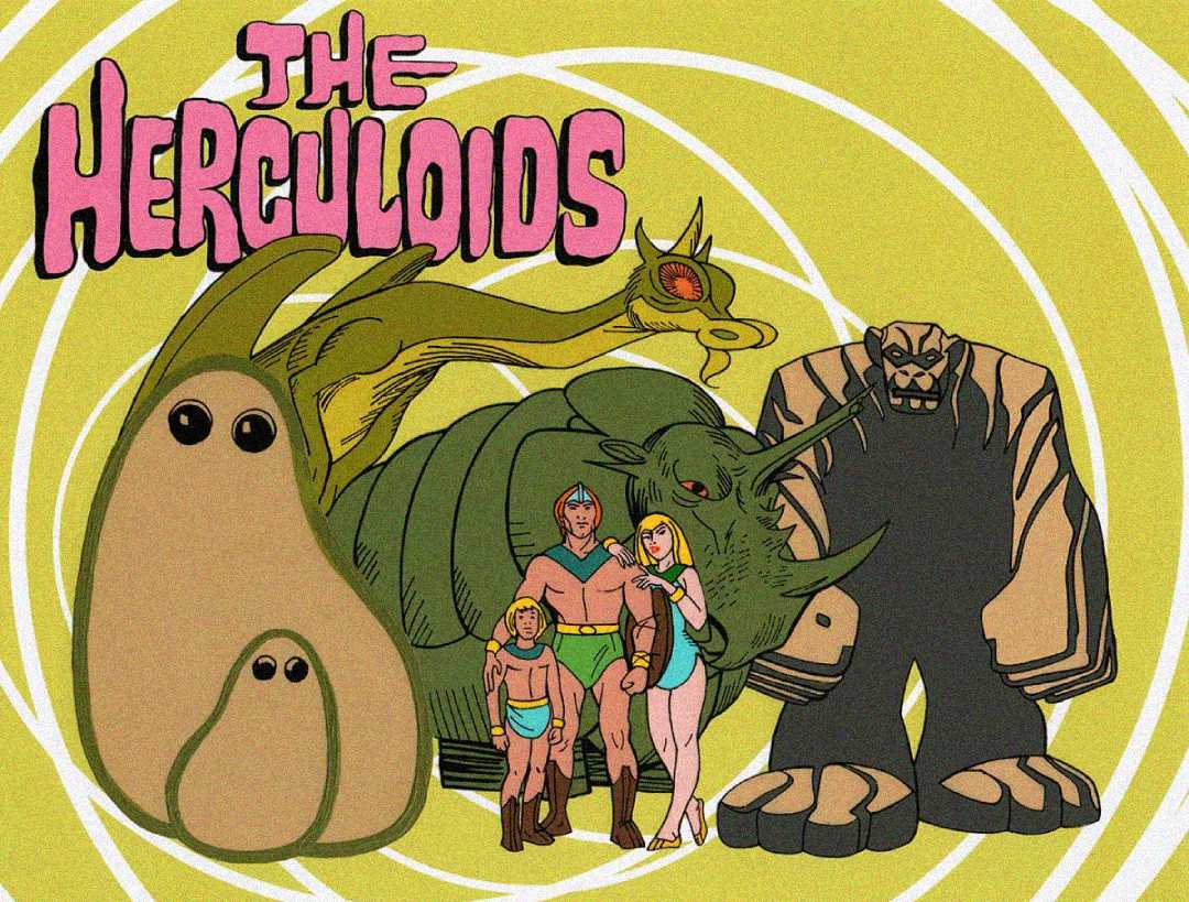 Cartoon poster for "The Herculoids" shows a group of heroes and creatures, including two humans, two kids, a rhino-like beast, a rock monster, and two blob-like aliens, against a yellow spiral background.