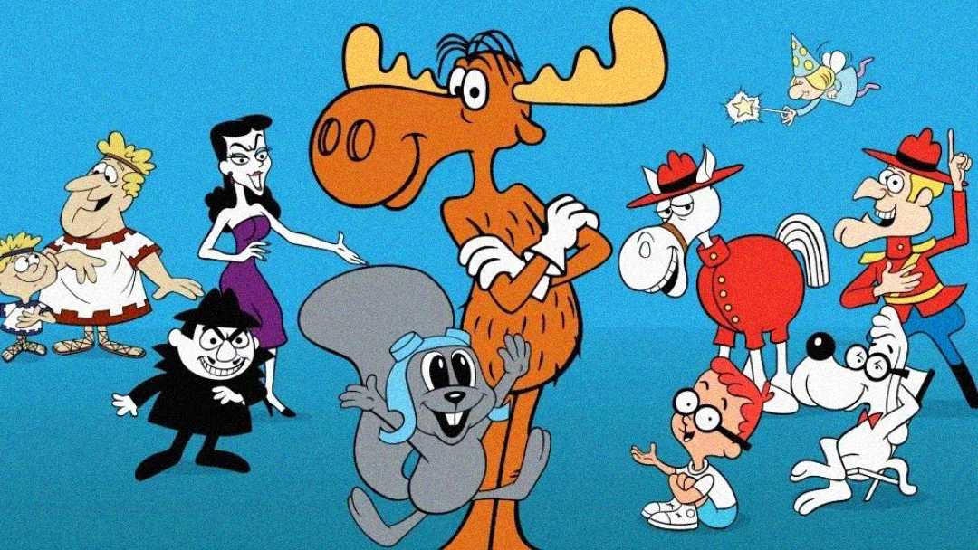 A group of classic cartoon characters, including a large brown moose and a gray squirrel, stand together on a blue background with other colorful animals and people in various costumes.