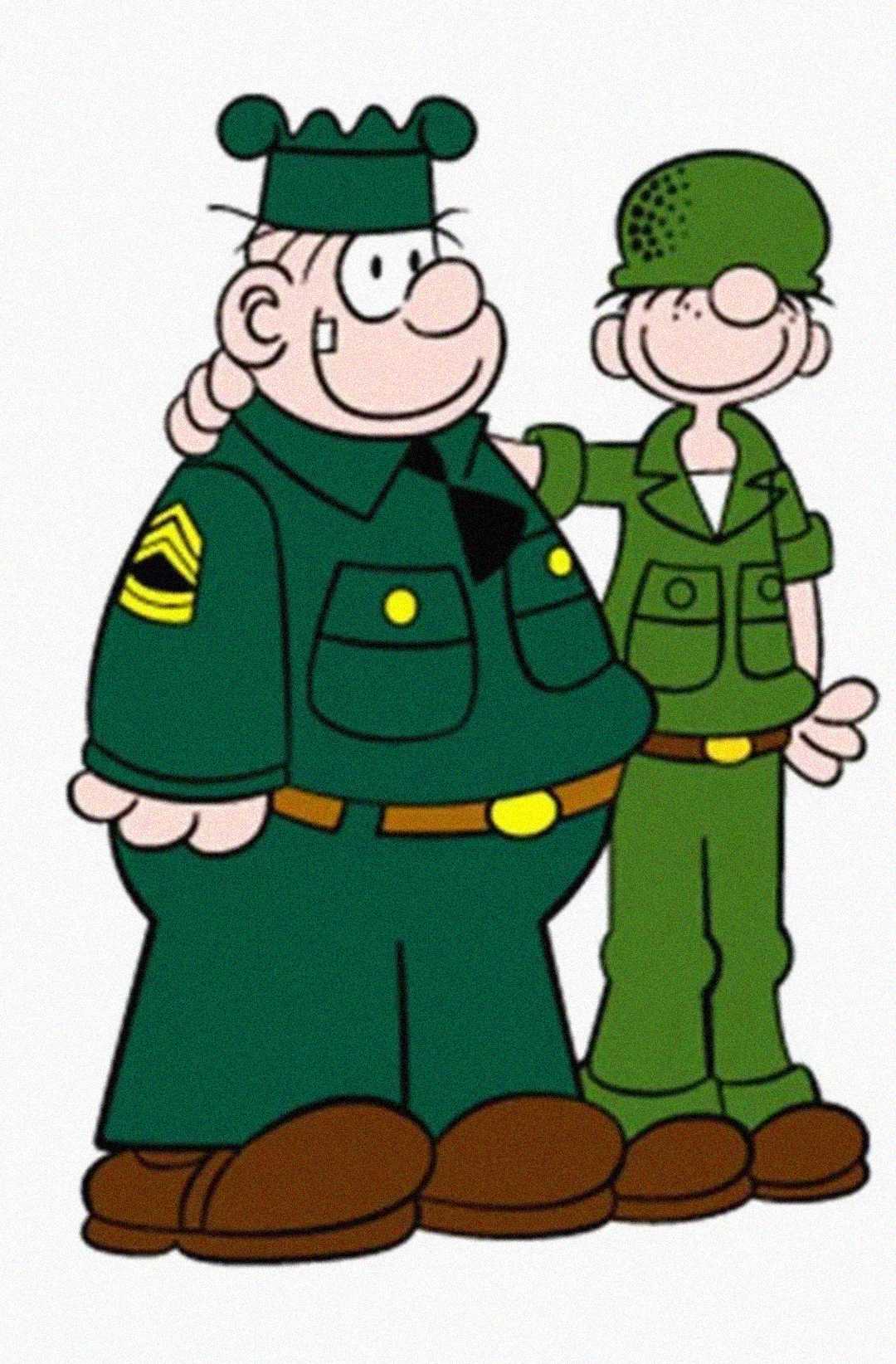 Two cartoon soldiers stand side by side; the larger one on the left wears a dark green uniform with a hat, while the slimmer one on the right wears a lighter green uniform and cap. They both smile and appear friendly.