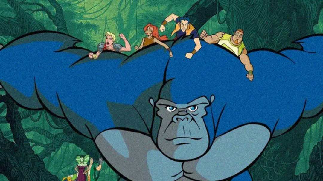 A large blue gorilla charges forward in a jungle with four animated characters riding on its back. Dense green foliage fills the background.