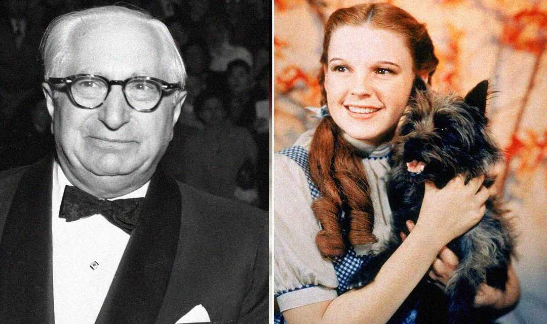 A split image: on the left, an older man in a tuxedo and glasses; on the right, a girl in a blue dress holds a small black dog, both smiling against a warm, colorful background.