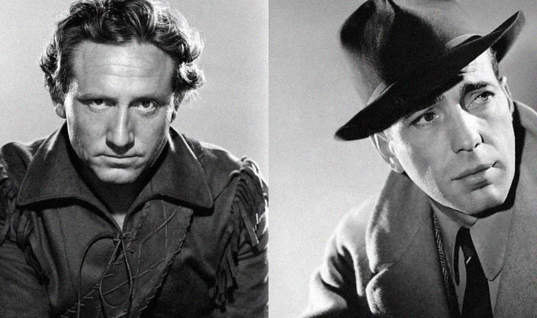 Black-and-white split image: On the left, a man with wavy hair in a rugged jacket looks intensely at the camera. On the right, a man in a suit and fedora gazes off to the side with a serious expression.