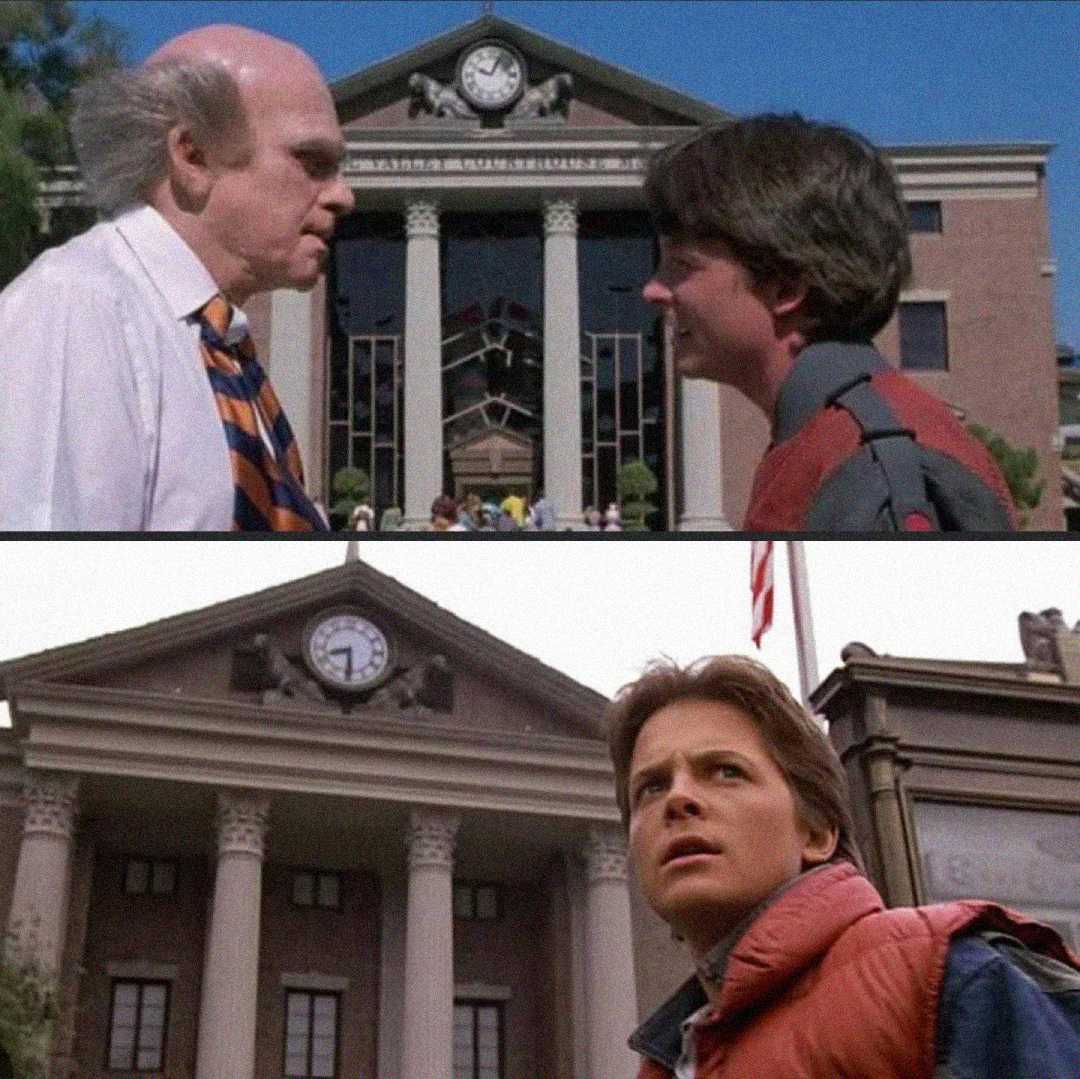 Two scenes from "Back to the Future" show characters standing in front of the Hill Valley courthouse clock tower; in one scene, two people converse, and in the other, a young man looks upward, appearing concerned.