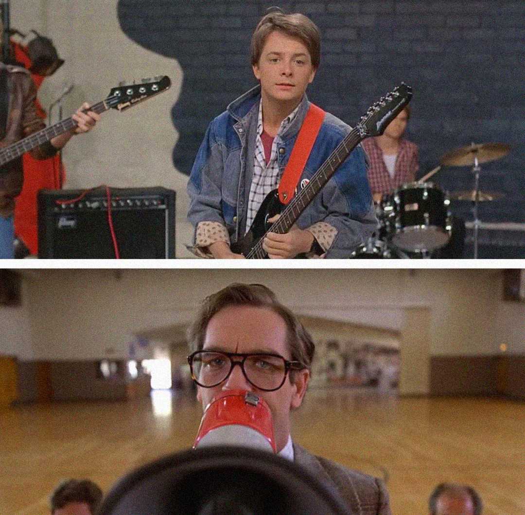 A teenage boy with a guitar stands on stage with a band, while in another image, a man with glasses holds a megaphone in a gymnasium.