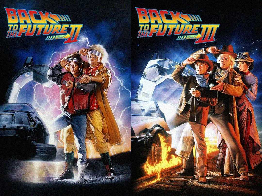 Split poster for "Back to the Future Part II" and "Back to the Future Part III," showing Marty and Doc by a DeLorean with lightning and fire, wearing futuristic and Western outfits, joined by a woman in the Part III section.