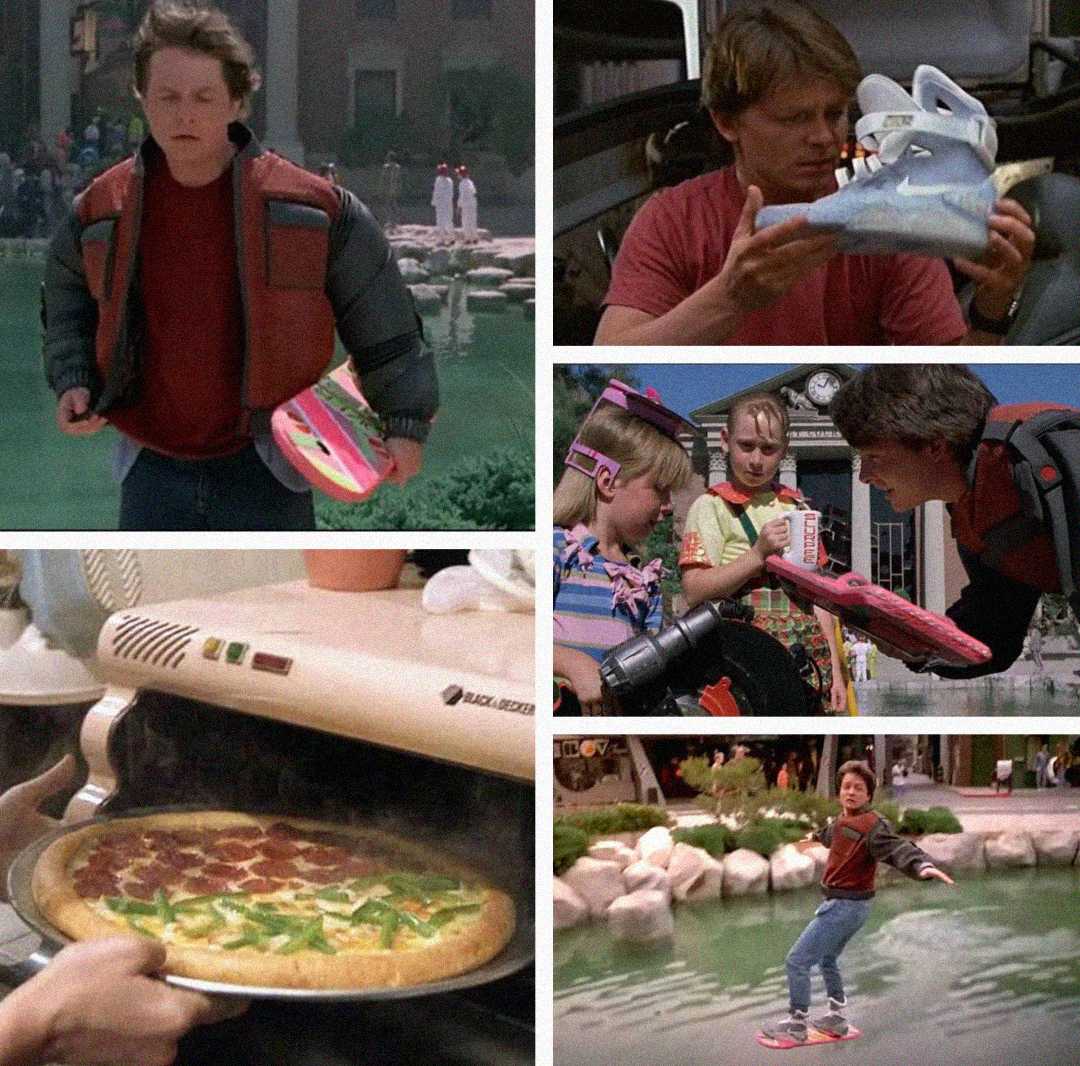 A collage from "Back to the Future Part II" shows a young man with a hoverboard, futuristic shoes, a floating skateboard ride over water, kids examining gadgets, and a pizza being cooked in a futuristic oven.