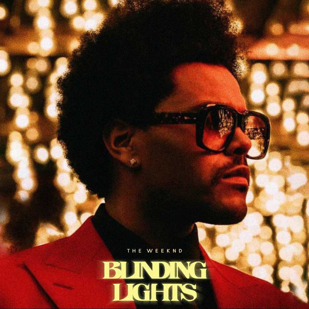 A man in a red suit and large sunglasses looks to the side against a background of blurred golden lights. The text "THE WEEKND BLINDING LIGHTS" appears at the bottom of the image.