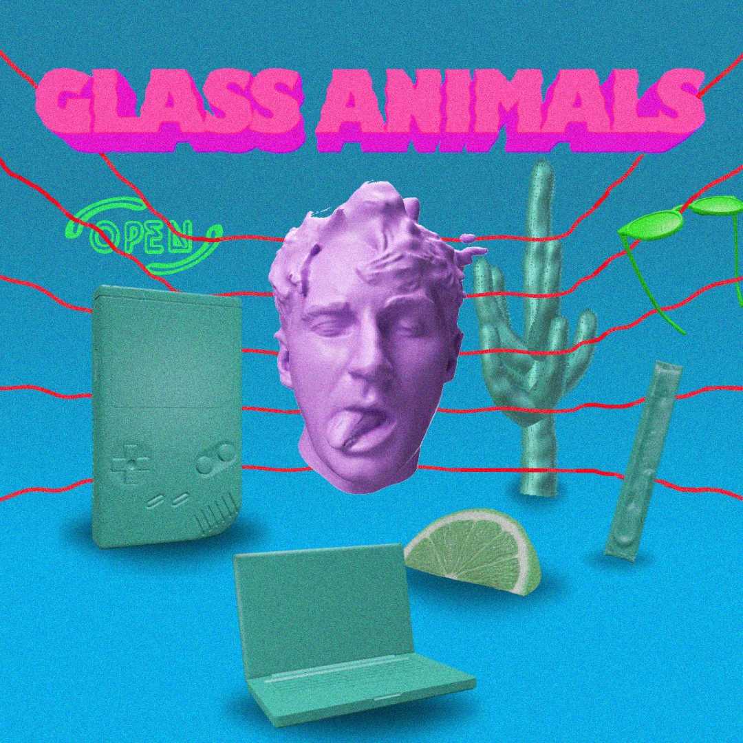A vibrant, retro-style collage with "GLASS ANIMALS" in pink text above a purple sculpture of a head, green digital gadgets, a cactus, a lime wedge, sunglasses, and red string on a blue background.