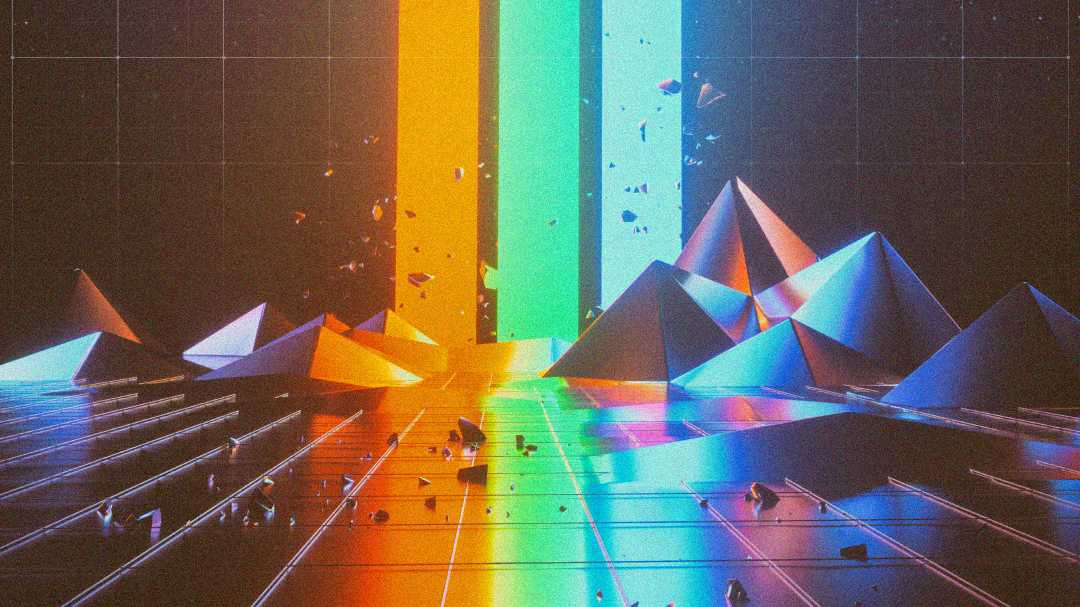 Futuristic digital art with geometric pyramids on a reflective grid surface, colorful vertical light beams in orange, yellow, and blue, and floating debris, creating a vibrant, sci-fi atmosphere.