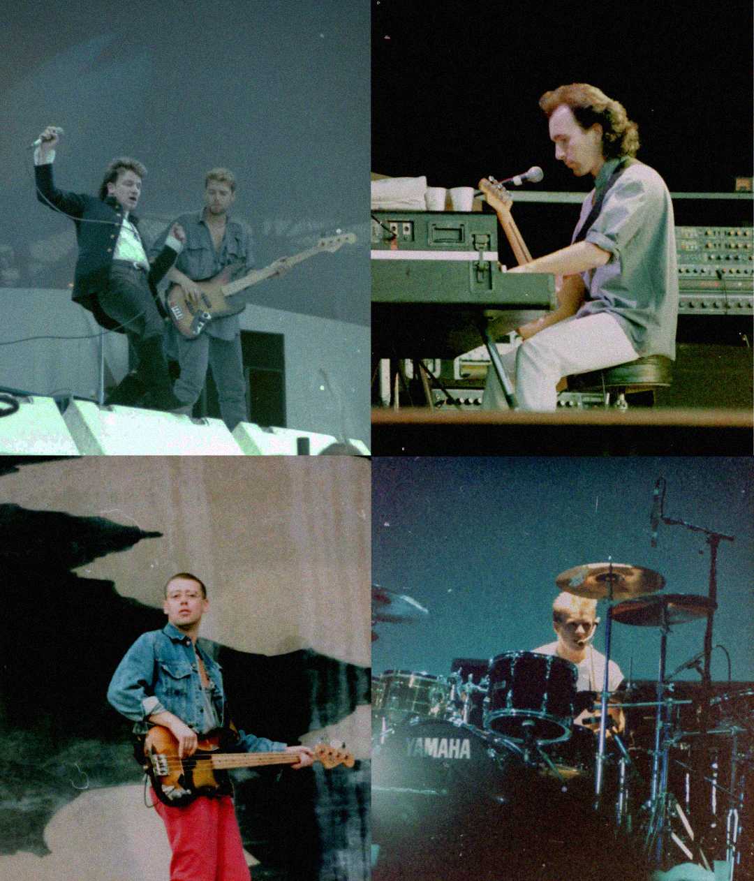 A collage of four vintage photos showing musicians: one singing and playing bass, one playing keyboard, one playing bass guitar, and one playing a Yamaha drum set on stage.