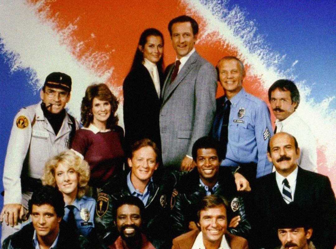 A group of twelve people, including men and women in police uniforms and suits, pose together and smile in front of a blue, white, and red diagonal background.