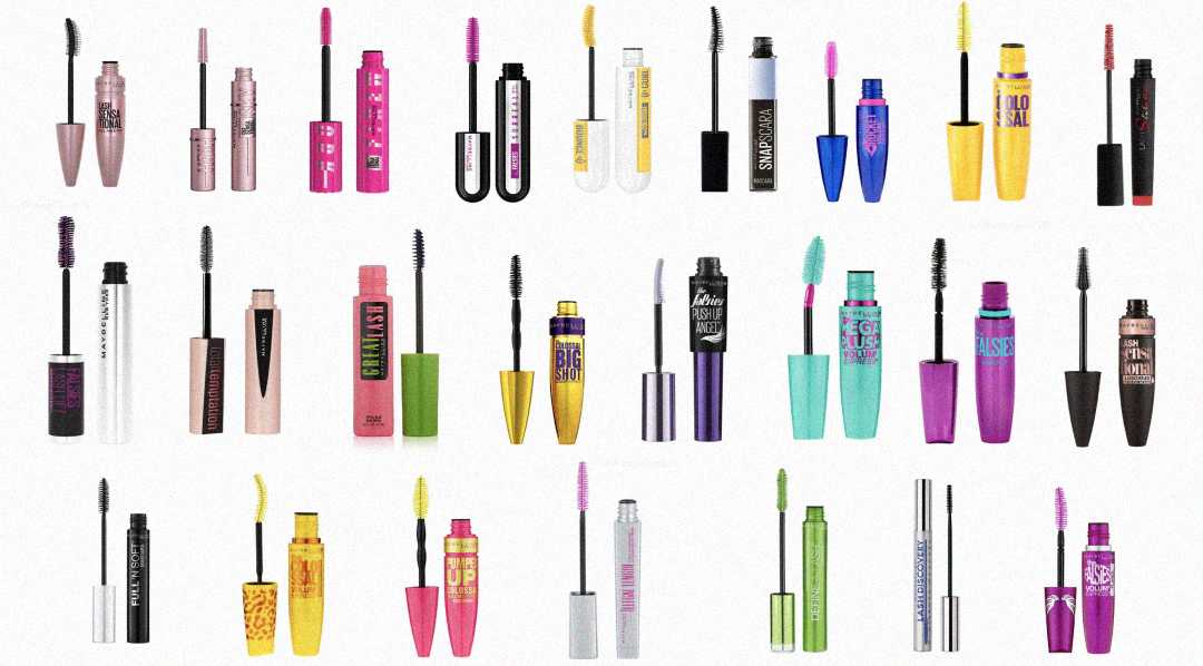A variety of colorful mascara tubes and wands are arranged in rows on a white background, each with different packaging designs, colors, and brush shapes.