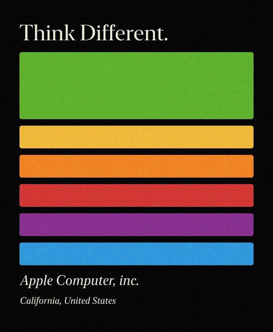 A black background with the phrase "Think Different." at the top, six colorful horizontal bars resembling a rainbow, and "Apple Computer, inc. California, United States" in white text at the bottom.