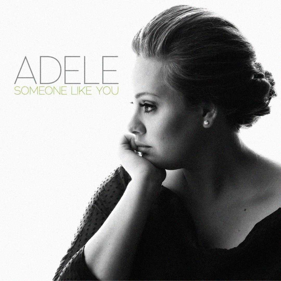 Black-and-white cover art for Adele’s single "Someone Like You," featuring Adele in profile, resting her chin on her hand, with her hair in an elegant updo and a pensive expression. The song title and artist's name appear in the top left.
