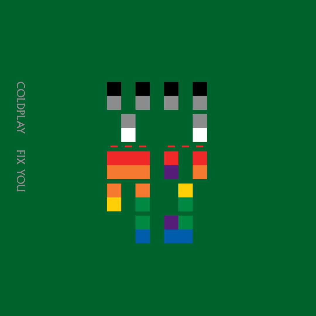 Minimalist album cover for Coldplay's "Fix You" featuring colored blocks forming abstract shapes on a green background, with the song and band name written vertically on the left side.