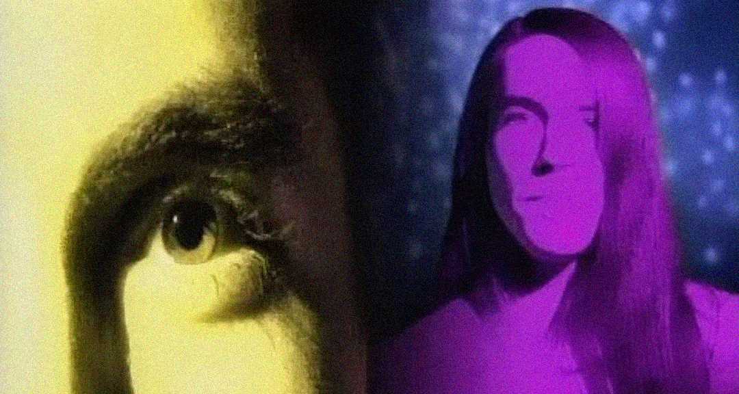 A split image shows a close-up of an eye on the left, tinted yellow, and a person with long hair on the right, their face bathed in purple light against a dark, blurred background.