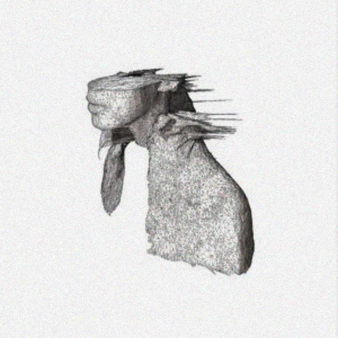 A fragmented, abstract digital sketch of a human bust with glitch-like horizontal distortions across the head and shoulder, rendered in grayscale against a plain light background.
