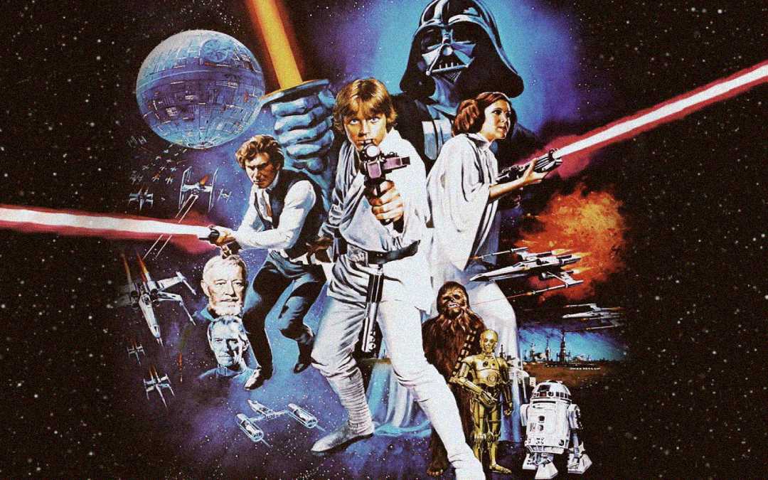 A colorful Star Wars poster featuring main characters with lightsabers, spaceships, the Death Star, Darth Vader, and a star-filled space background.