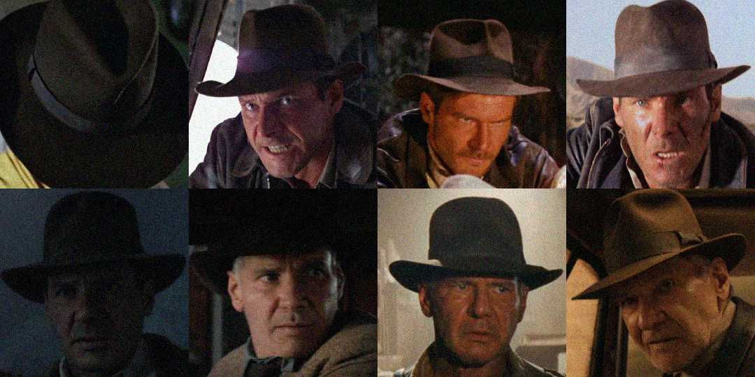 A collage of eight scenes featuring a man wearing a brown fedora and leather jacket, displaying various intense and serious facial expressions in different lighting and settings.
