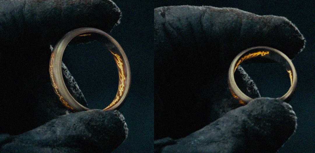 A close-up of a gloved hand holding a gold ring with glowing Elvish inscriptions on its surface, shown from two slightly different angles against a dark background.