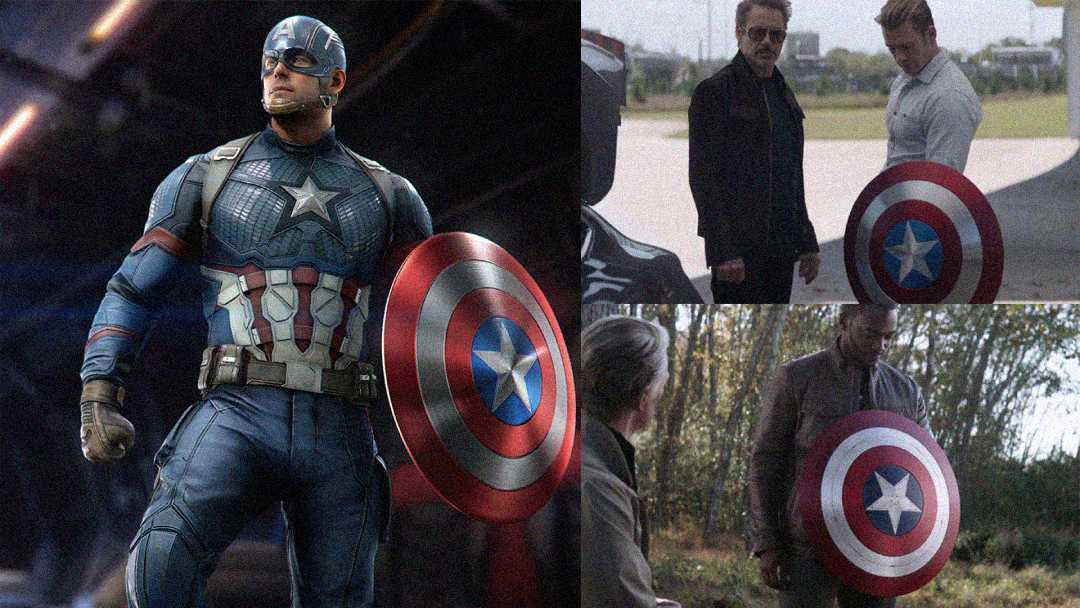Three scenes featuring Captain America's shield: on the left, Captain America in costume holding the shield; on the top right, two men examining the shield; on the bottom right, a man holding the shield outdoors.