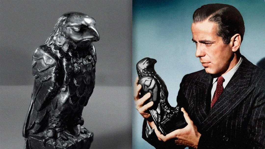 A black statuette of a falcon is shown on the left, and on the right, a man in a suit holds and closely inspects the same falcon statuette against a blue background.