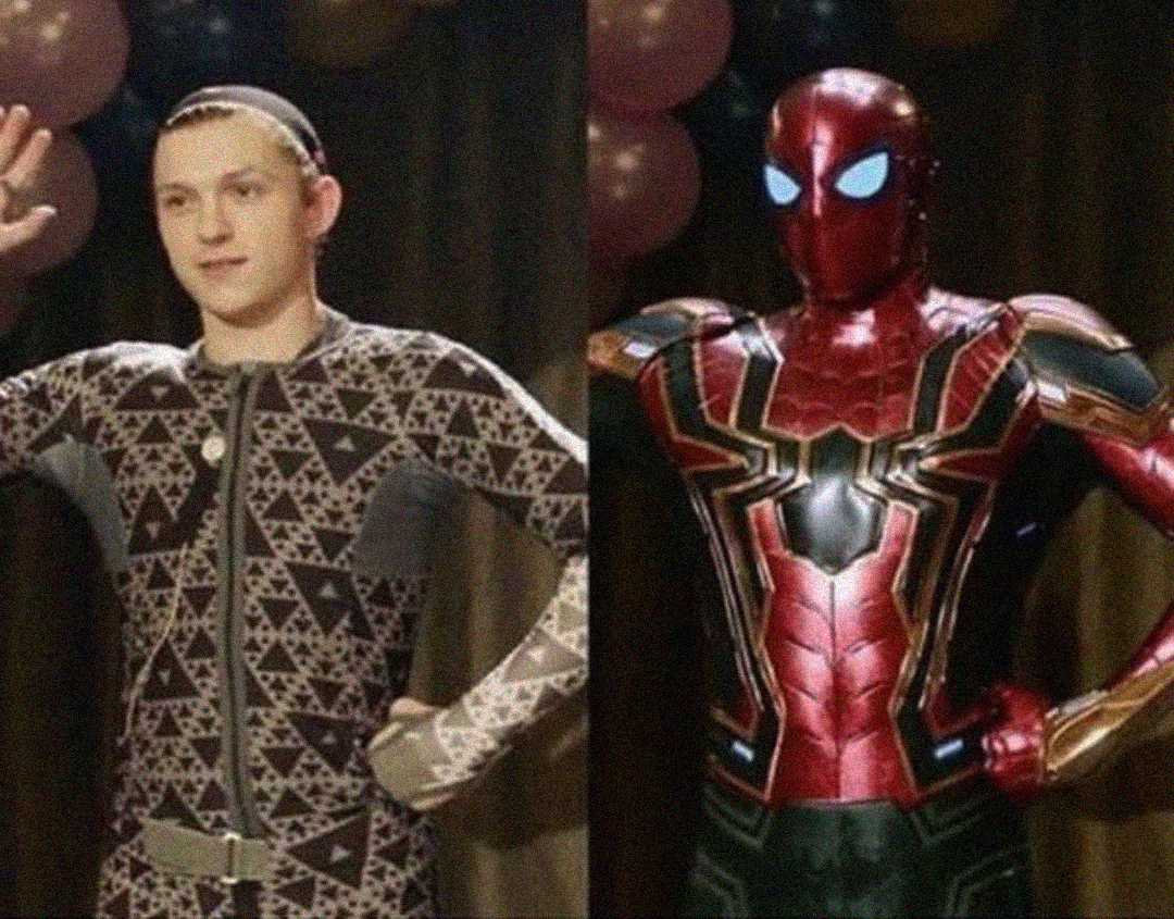 A side-by-side image shows an actor in a motion-capture suit on the left and the same pose as Spider-Man in a red and gold suit with glowing eyes on the right.