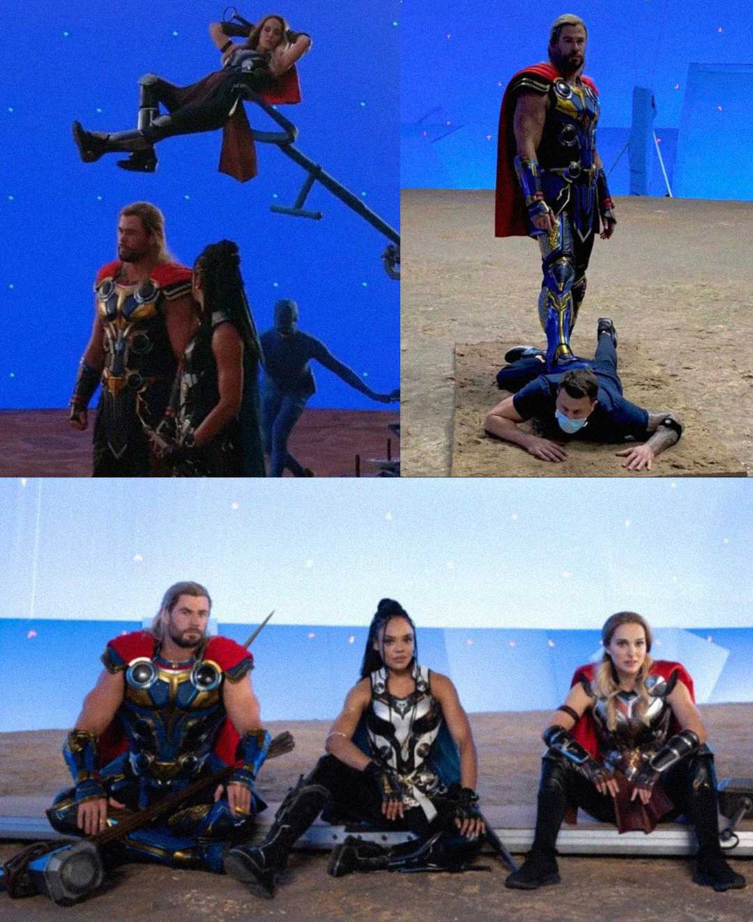 Four behind-the-scenes photos from a superhero film set show actors in costumes, blue screens, and crew members assisting with stunts and positions on the set.